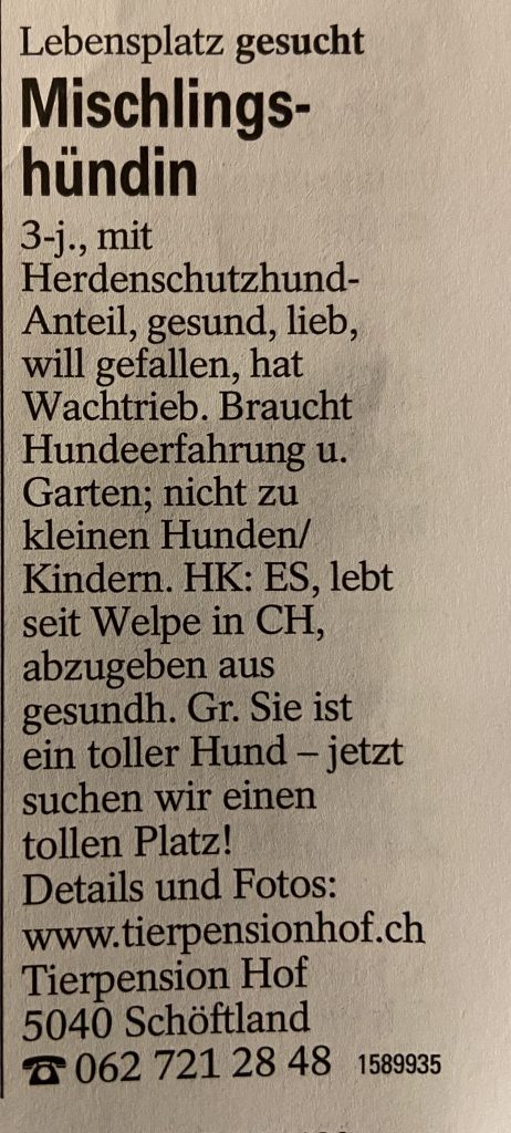 Inserat für Kanata in der Tierwelt Nr. 29/2020; ausfuehrlicher Text im HTML.